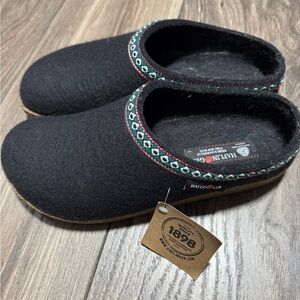 Haflinger Black Wool Slip-On Clogs with Green & Red Trim